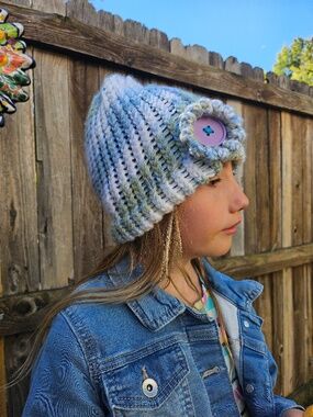 Handmade Blue & Green Knit Beanie Hat with Crochet Flower & Purple Button